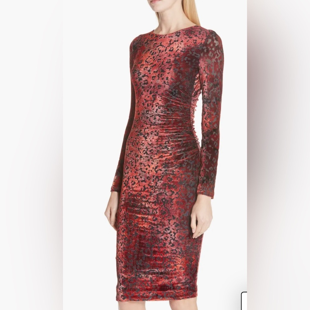 Fuzzi Italy Red Leopard Burnout Velvet Bodycon Dress XL Ruched Midi NWT - Picture 1 of 12